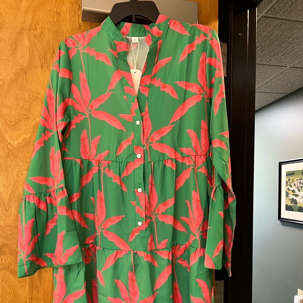 Green and pink floral dress, long sleeve, size L.